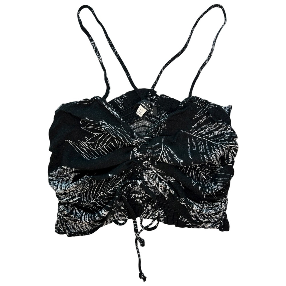 NWT Final Touch Black Smocked Crop Top Spaghetti Strap Ruched Tie Front S